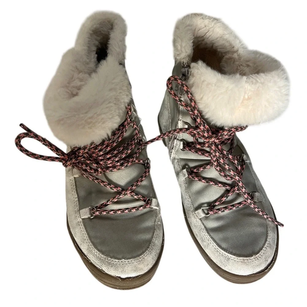 SPROX Kids Cozy Fur Lined Snow Boots Gray Pink Laces‎ Stars Side Zip